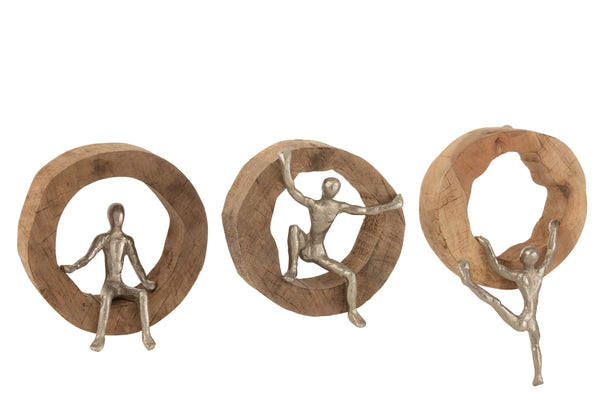 3-delige handgemaakte sculptuur in ring van mangohout - naturel en zilver - om op te hangen - ideaal cadeau voor thuis en op kantoor