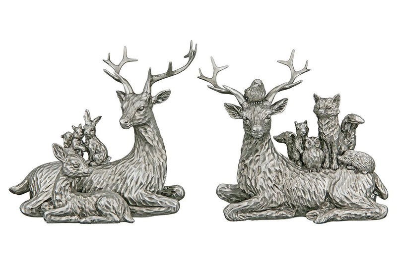 Set of 2 poly deer "forest dwellers" silver colored deer with fawn and animals