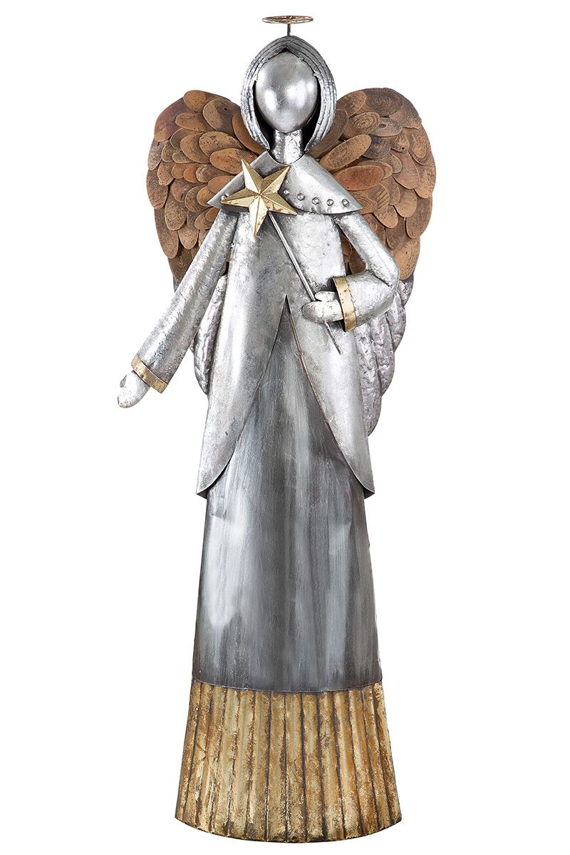 XL Metalen Engel "Viktoria" met houten vleugels Kerst Goud Zilver Hoogte 129cm Handgemaakt