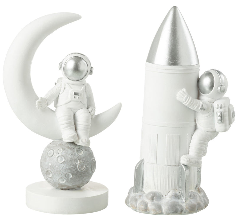 Set van 2 astronauten figuren op de maan raket spaarpot hoogte 19,5cm