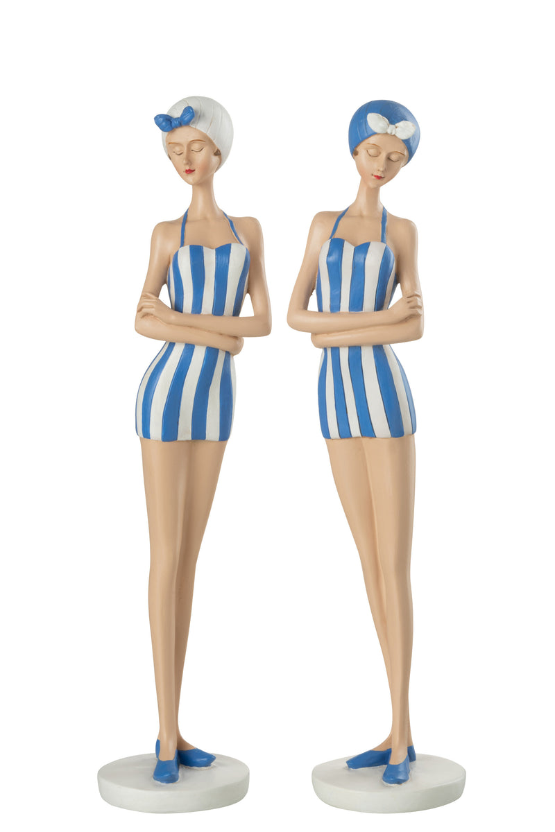 Woman standing in swimsuit and bathing cap - Poly-Blue Set of 2 - Handcrafted and painted, 34cm height