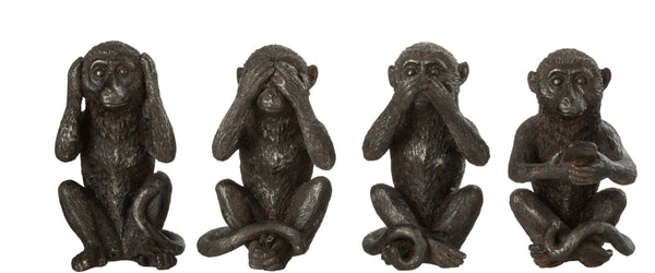 Vier apenfiguren Horen, zien, zwijgen en kletsen in stijl