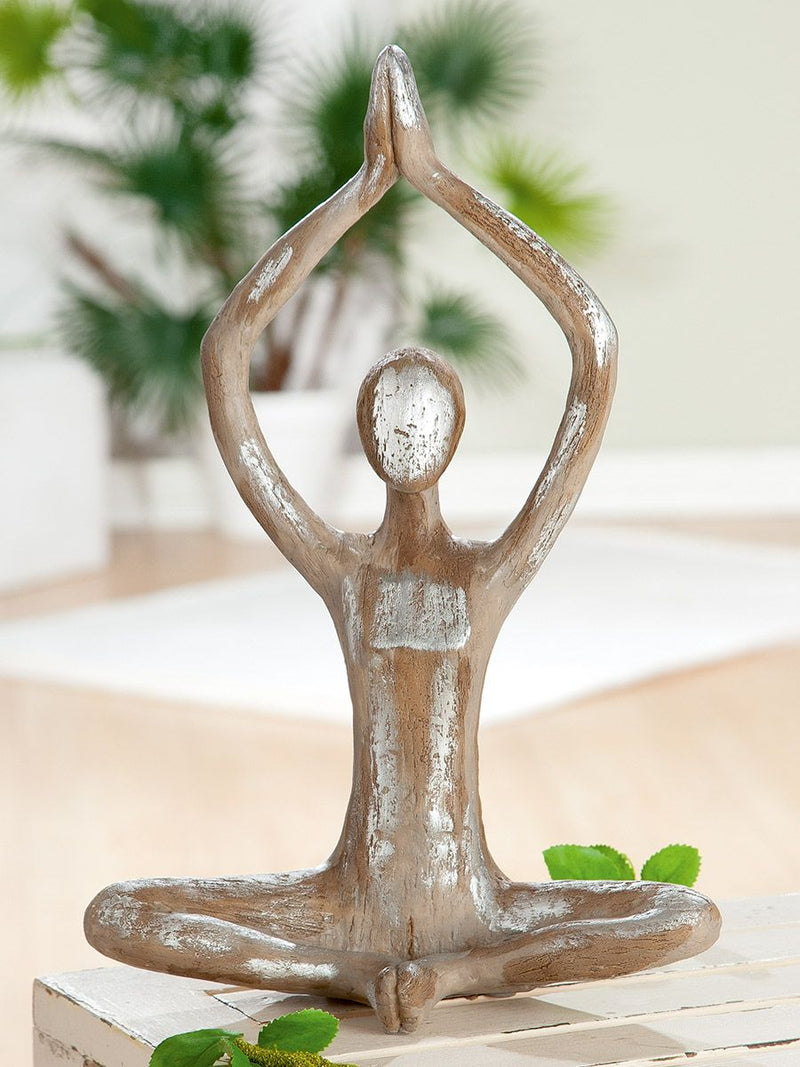 Set van 2 polyfiguren yoga vrouw handen omhoog hoogte 36cm zilverkleurig