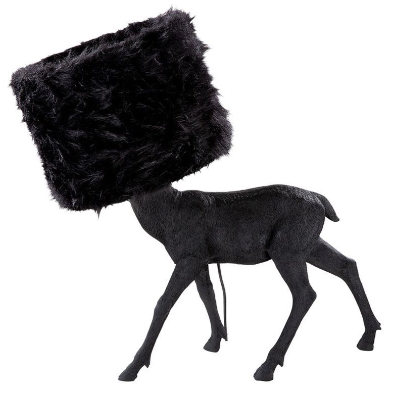 Poly lamp "Black Deer" zwarte lampenkap met imitatiebont hoes hert decoratie