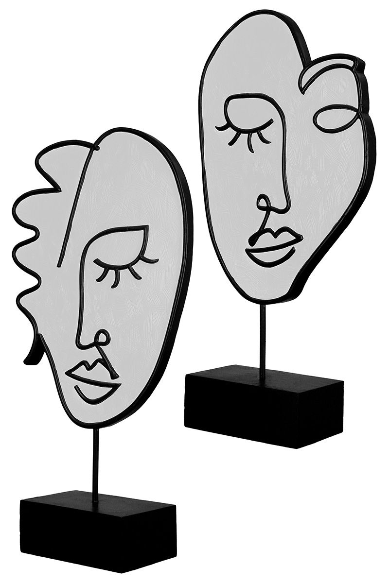 MF set van 2 sculptuur gezicht "Vision" moderne kunst zwart en wit, met staaf op zwarte voet