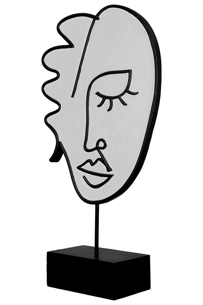 MF set van 2 sculptuur gezicht "Vision" moderne kunst zwart en wit, met staaf op zwarte voet