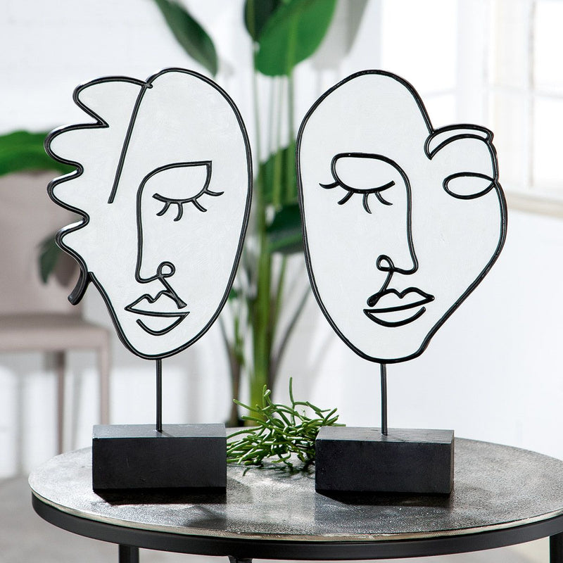 MF set of 2 sculpture face "Vision" modern art black and white, with rod on black base
