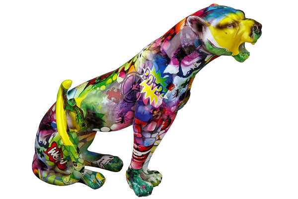 2 delen Figuur Poly Cheetah Street Art kleurrijke Kunstenaar zittend breed 28cm handbeschilderd