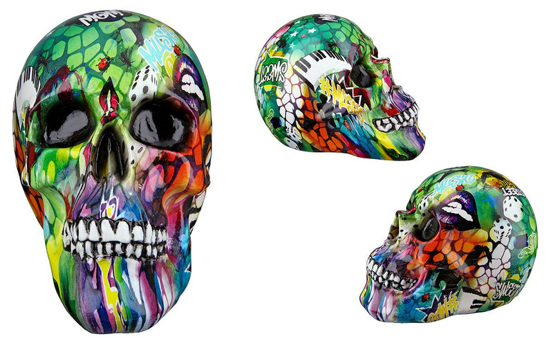 Poly skull street art kleurrijke ogen zwarte tanden zwart/wit hoogte 13cm