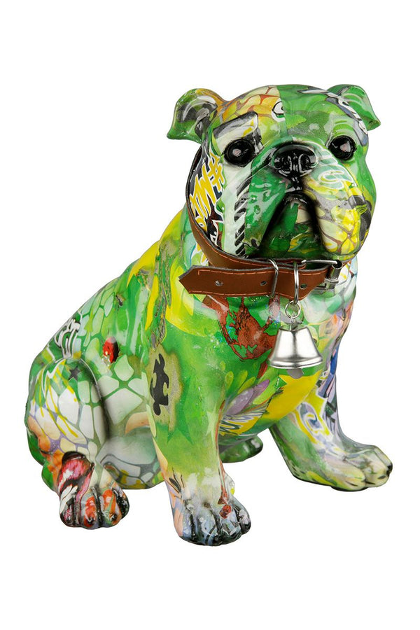 2 parts Poly Pug Street Art sitting colorful, artist with collar and bell