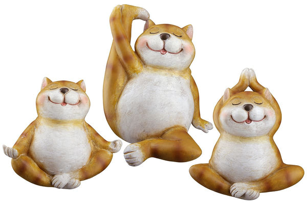 Set van 3 handgemaakte katten "Yoga Trio" van kunsthars voor meditatie en decoratie, bruin, 9cm x 14,5cm x 15cm