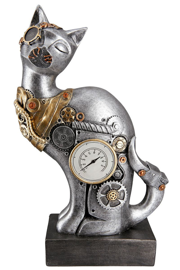Steampunk Cat Skulptur - Antik Silberfarben mit Kupferfarbenen Elementen auf Sockel