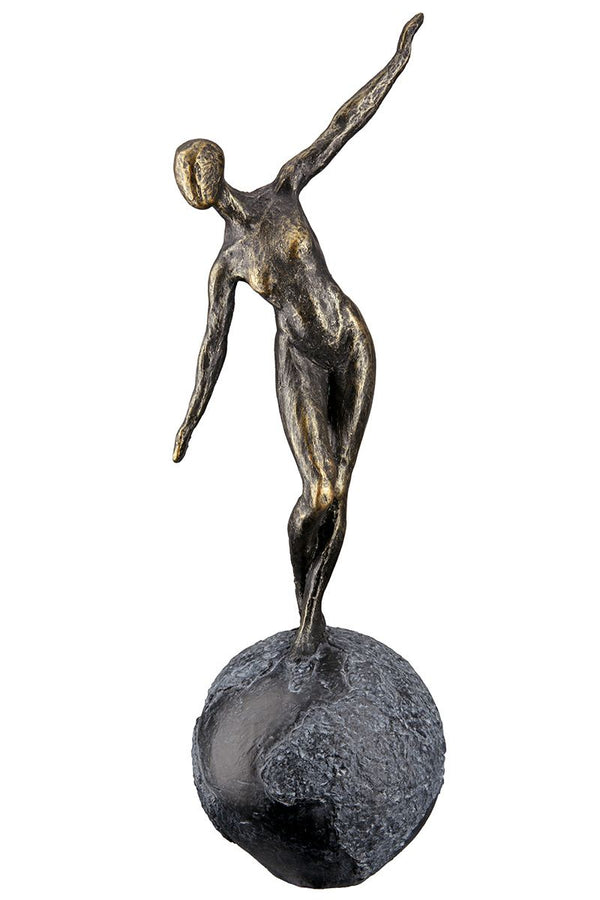 Poly Sculpture "The world in balance" - Limited Edition - Woman in bronze on gray globe with saying card 