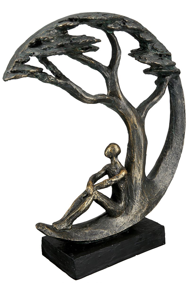 Poly sculpture Daydreamer in bronze on a black base with a message tag