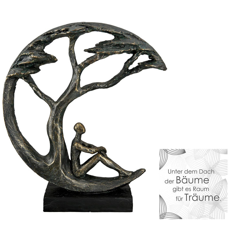 Poly Skulptur Daydreamer bronzefarben auf schwarzer Base mit Spruchanhänger