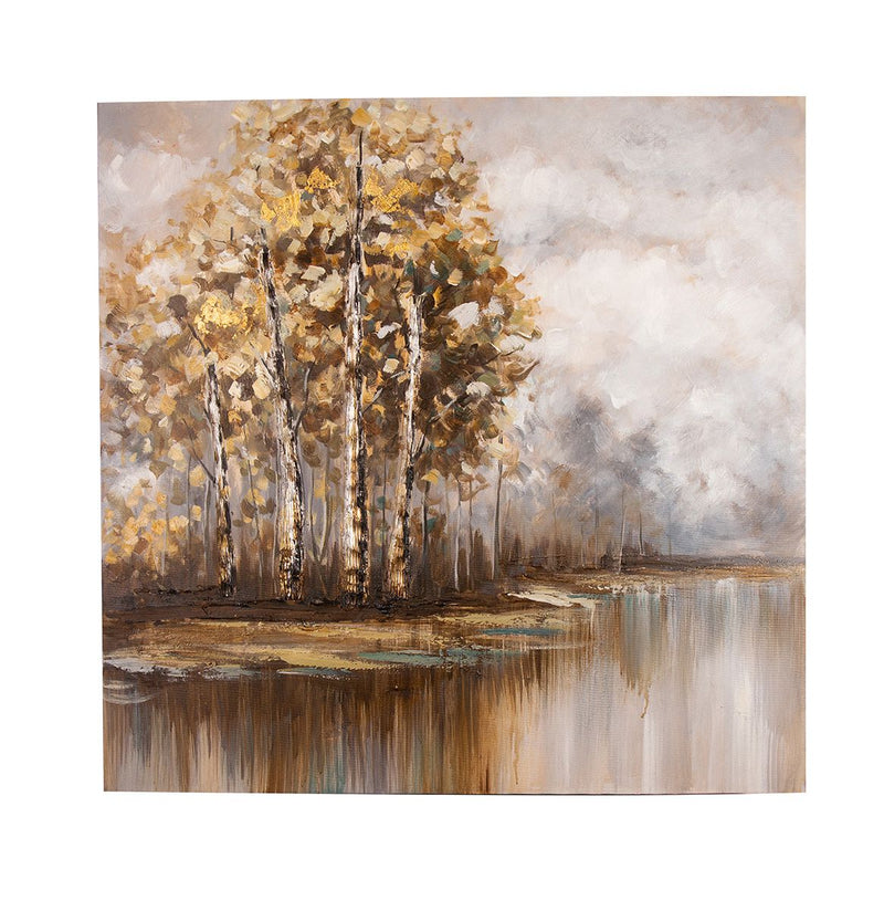 Picture painting lake clearing cream brown gray on canvas with hand-painted structure 100x100cm