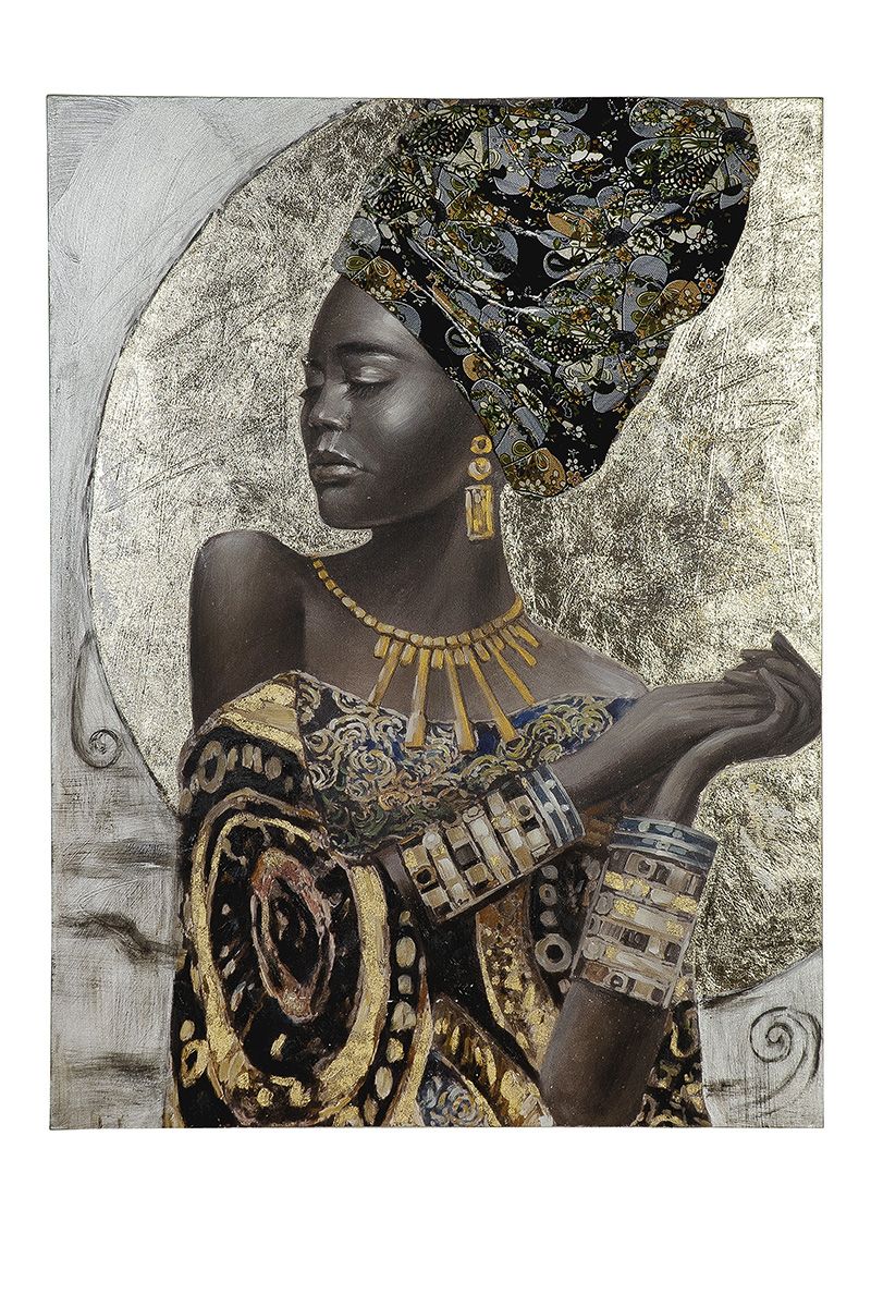 Picture painting African Lady hand-painted on canvas headscarf made of fabric 120x90cm