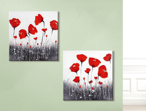Handbeschilderd canvas schilderij "Poppy" in rood/grijs/wit 60x60cm