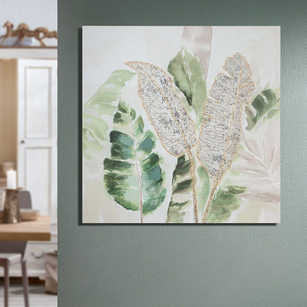 Foto bos van bladeren groen/grijs/creme op canvas 100cm handgeschilderd