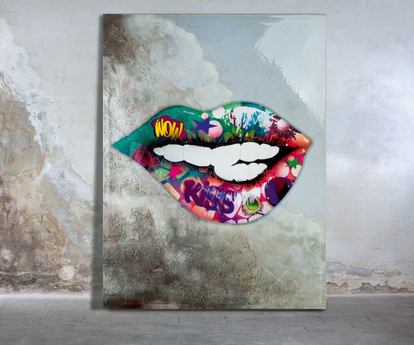 Bild Gemälde Street Art "Kiss" 90cm x 120cm bunt glänzend, auf Leinwand