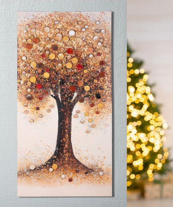 Foto schilderij herfstboom handbeschilderd met houten schijven hoogte 140cm