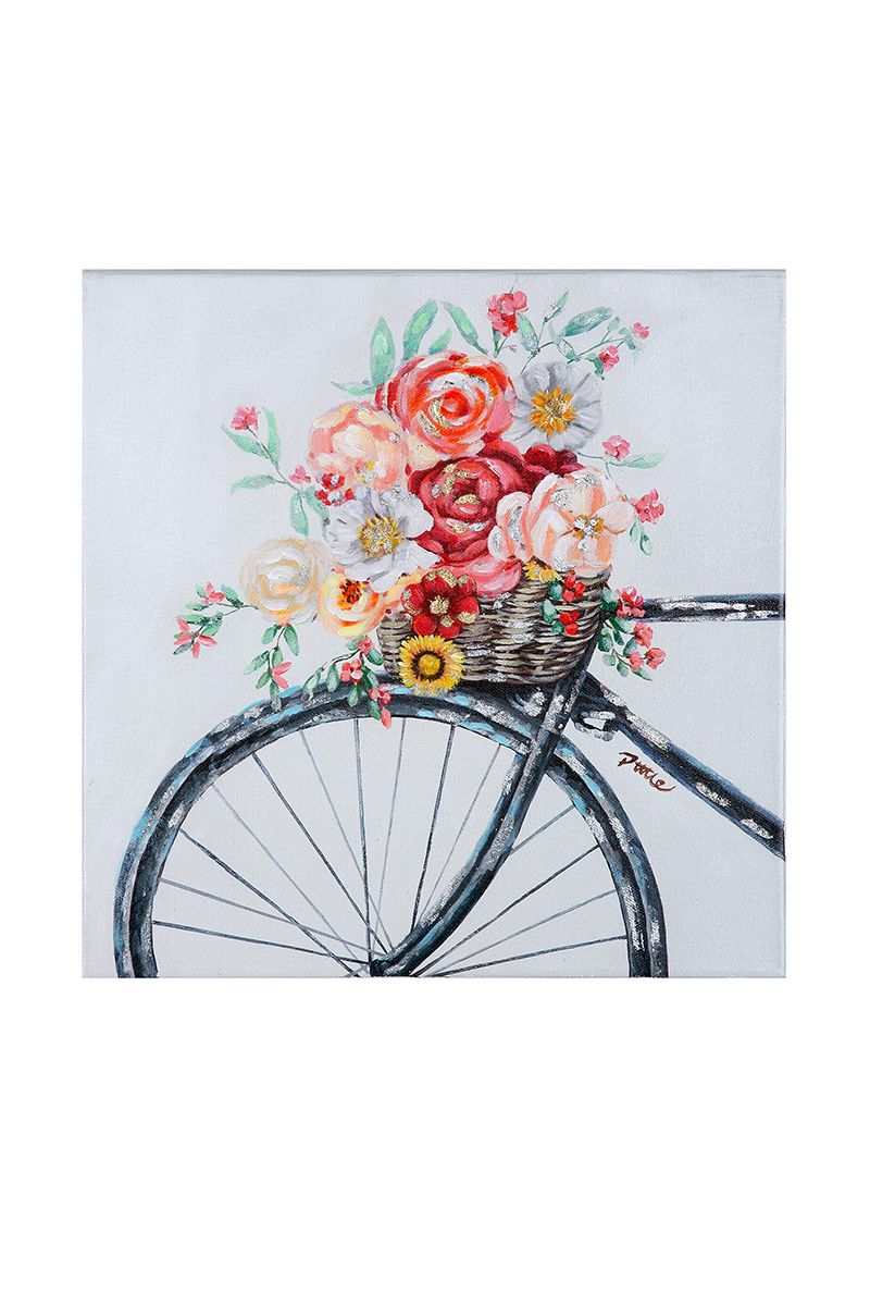 2-piece set of painting flower bicycle on canvas in grey/white/multi-coloured