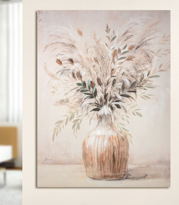 Hout/linnen foto "Bloemenboeket" in vaas - Prachtig kunstwerk voor iedere kamer