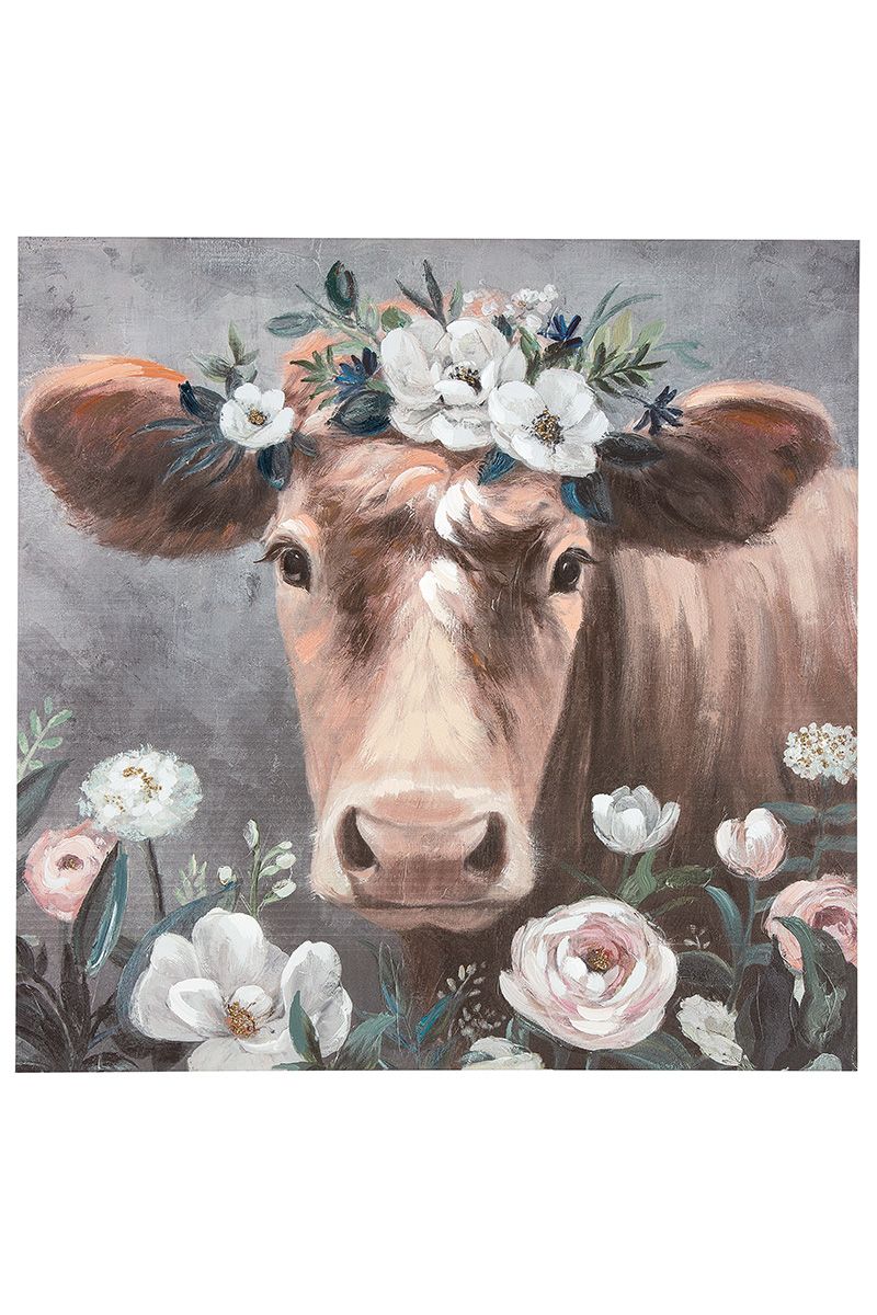 Afbeelding schilderij bloem koe bruin grijs wit handgeschilderd op canvas 90x90cm