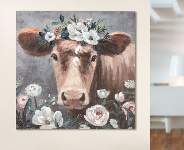 Image painting flower cow brown gray white hand-painted on canvas 90x90cm