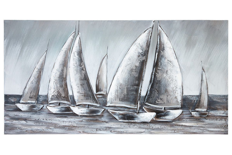 Picture painting boats gray white hand-painted on canvas 120x60cm