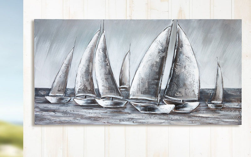 Picture painting boats gray white hand-painted on canvas 120x60cm