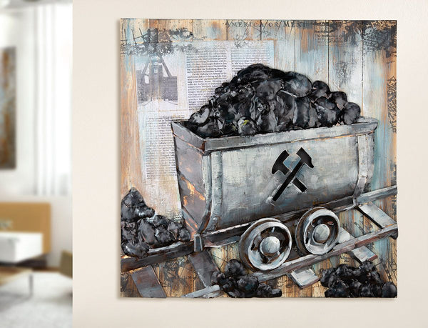 Industrial flair Handmade art object 'Minecart' by Gilde Gallery on wood in gray 80cm Handmade