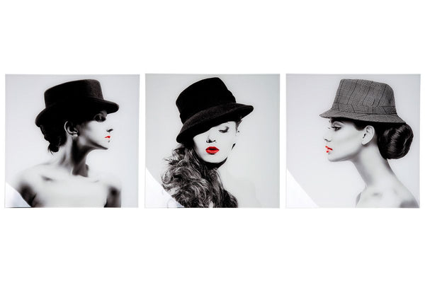 Set van 3 acryl wanddecoratie Lady Rouge vrouw met hoed met hoogwaardige aluminium lijst 60x60cm