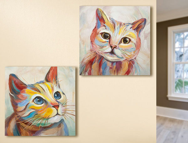 2tlg. Handbemaltes Gemälde "Katzen" auf Leinwand - Bunte Wanddekoration für Zuhause und öffentliche Räume