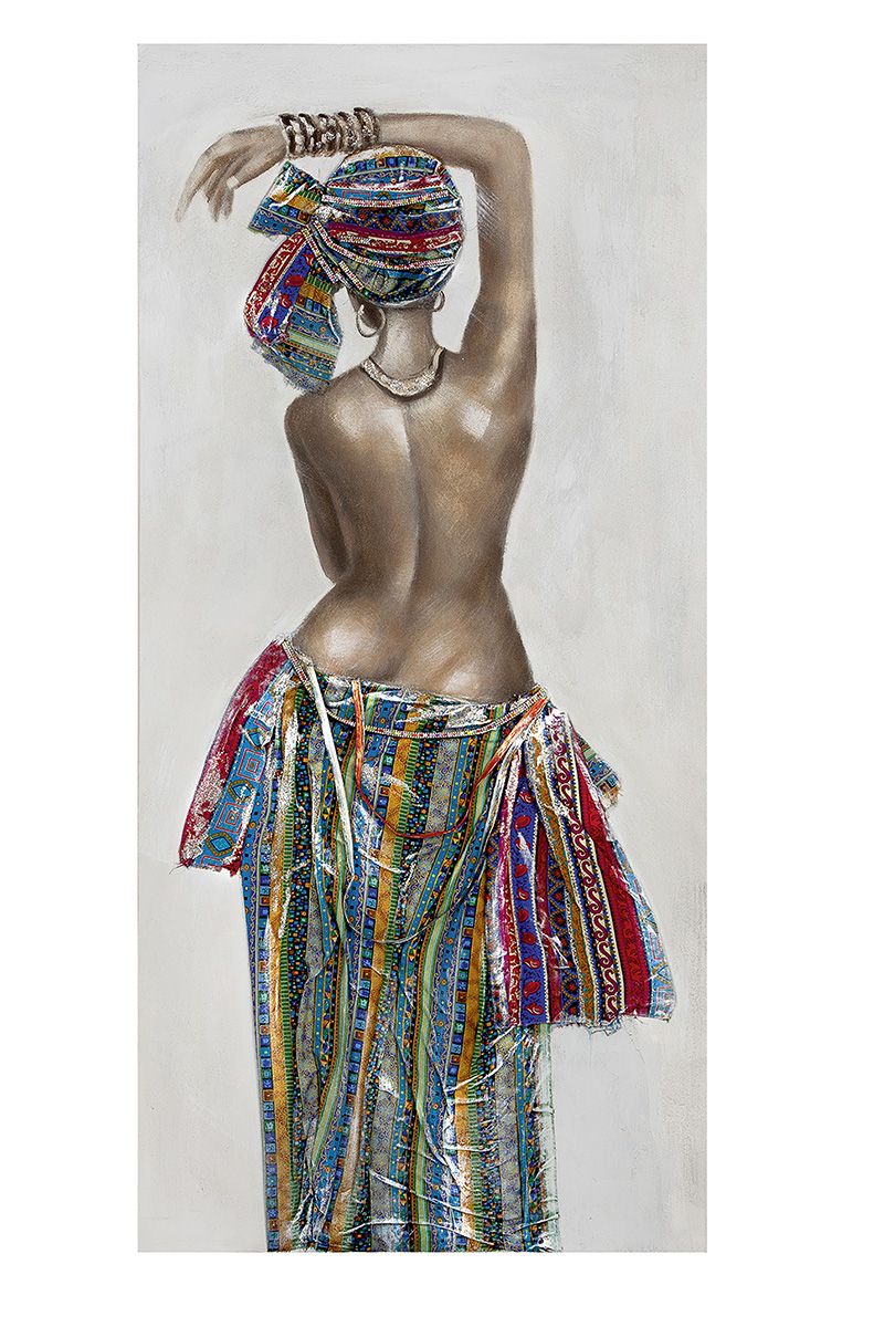 Painting African beauty with textile headscarf and skirt hand-painted on canvas 149x70cm