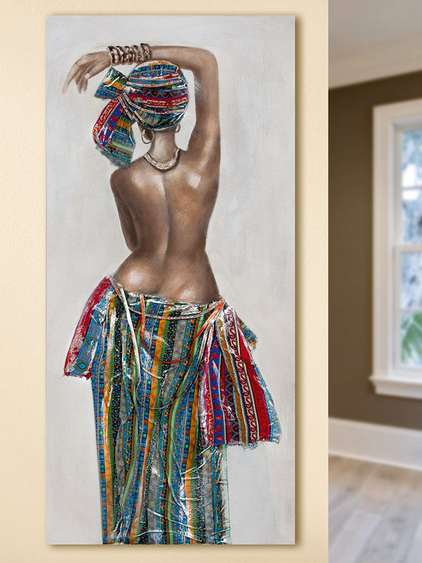 Schilderij Afrikaanse schoonheid met stoffen hoofddoek en rok handgeschilderd op canvas 149x70cm