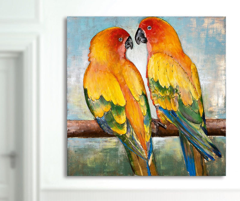 The Lovebirds - Handcrafted pair of parrots as a colorful art object