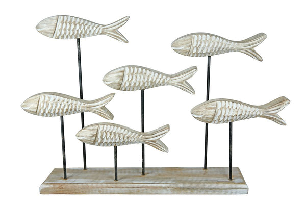 Wooden school of fish on base made of mango wood width 49cm
