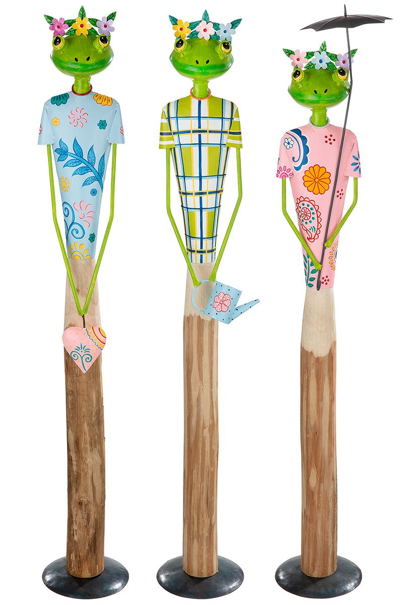 Handgemaakte houten kikker "Flips" met gieter, bloem en hart - kleurrijke decoratie van eucalyptushout - set van 3 in verschillende maten