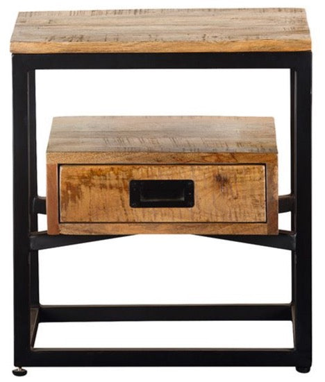 Bedside table "Legna" in mango wood and metal - handmade with 1 drawer and natural colors
