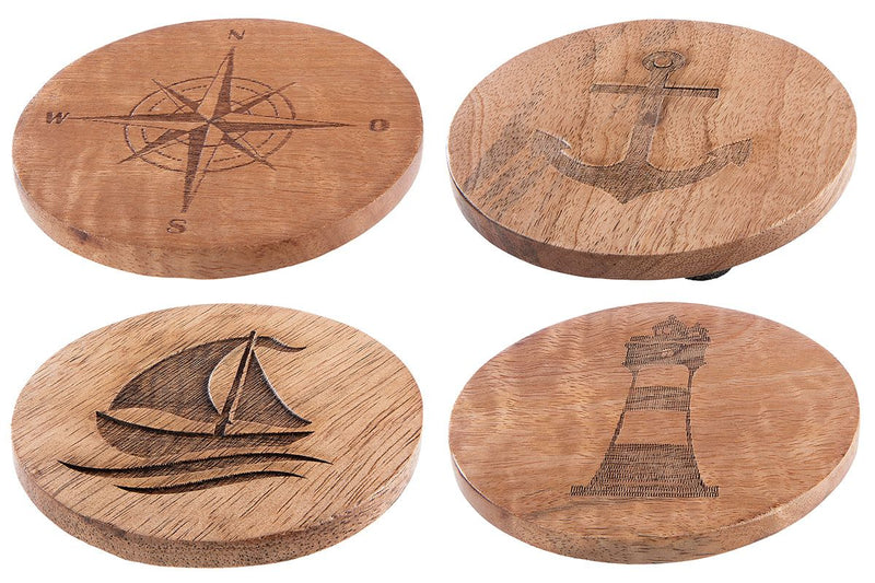 8 stuks Handgemaakte maritieme onderzetters van mangohout met symbolen voor anker, schip, windroos en vuurtoren
