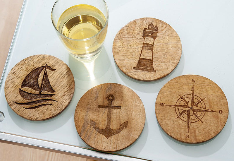 8 pieces Handmade maritime coasters made of mango wood with anchor, ship, wind rose and lighthouse symbols