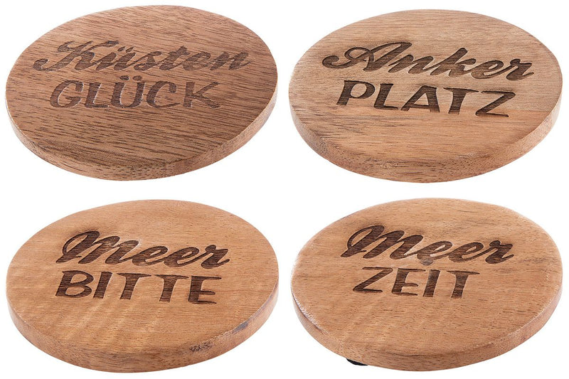 8-piece wooden coaster sayings round - set of 4 models with maritime sayings made of mango wood, including "sea time" for a relaxed atmosphere at home
