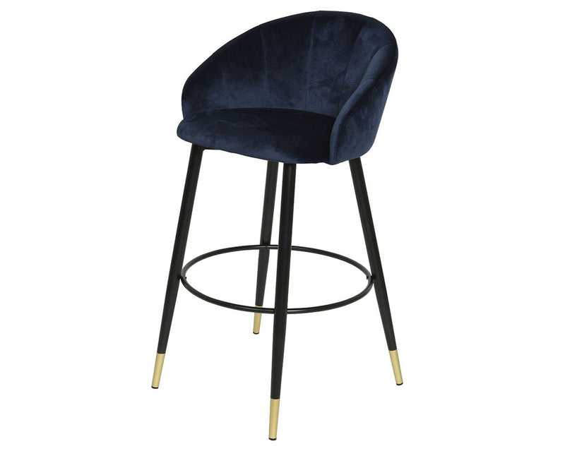 Set of 2 stylish bar stools 'Manhattan' in blue made of velvet fabric with wood and metal components