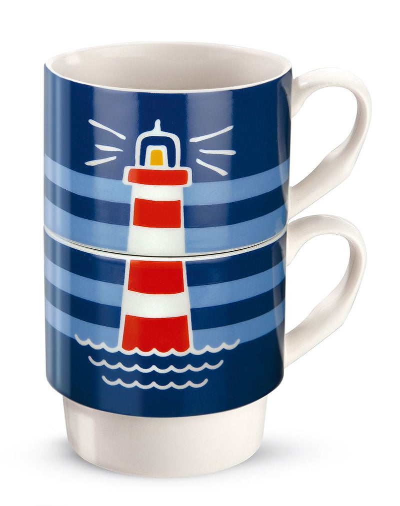 Set of 6 porcelain 2-piece stacking cups lighthouse white/blue/red in gift packaging 330ml