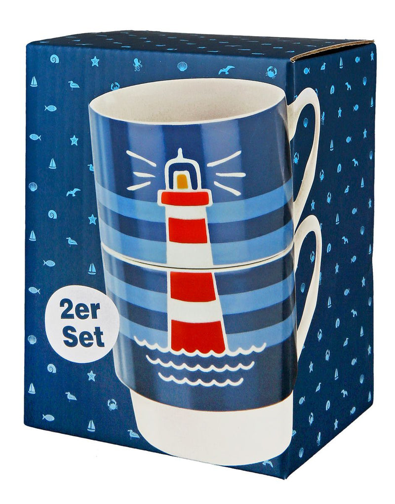 Set van 6 porseleinen 2-delige stapelbekers vuurtoren wit/blauw/rood in geschenkverpakking 330ml