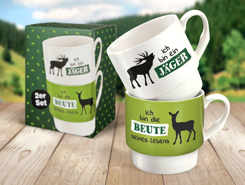Hunting - 6x 2 pieces Set of stacking cups, white/green, "I am a hunter" + "I am the prey of his life", bone china, 330 ml