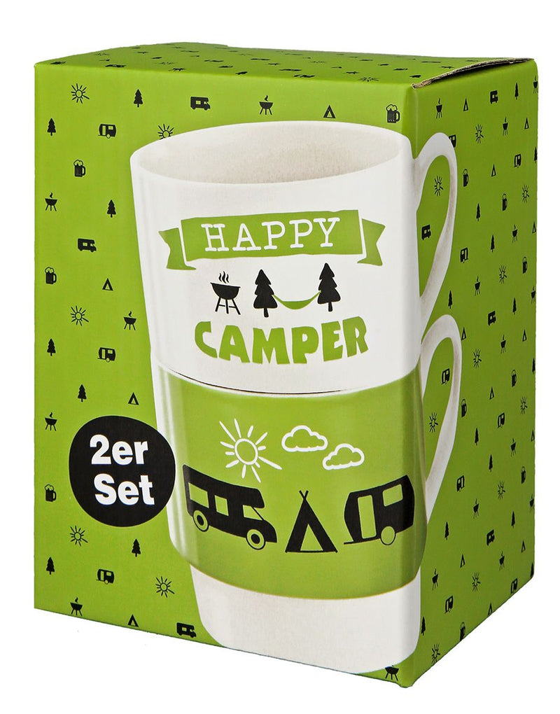 Set van 6 porseleinen 2-delige stapelbekers Camper wit/groen/zwart in geschenkverpakking 330ml
