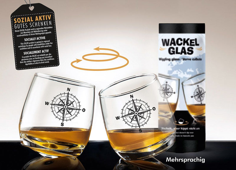 Set of 2 wobbly glasses "Compass Rose" Maritime gift with social responsibility