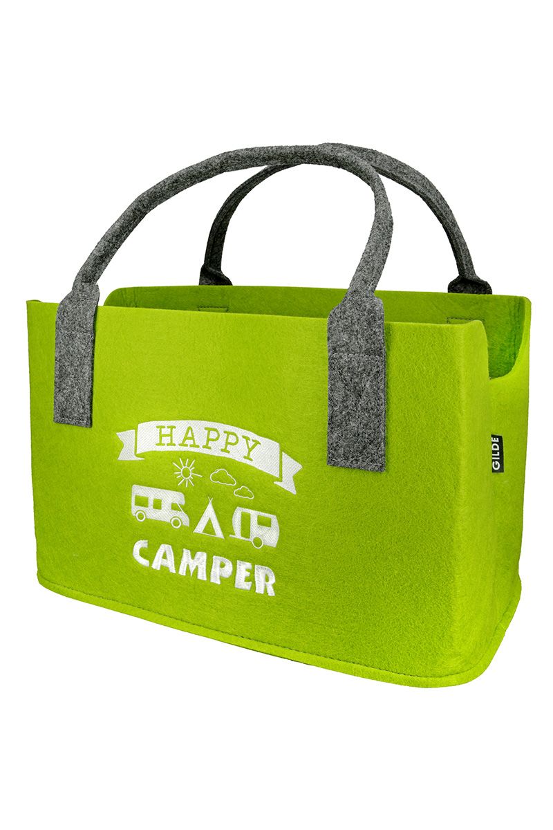 Set van 2 vilten boodschappentassen Happy Camper, zwart, donkergrijs en lichtgroen, met een geborduurd motief